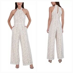 New Lace Jumpsuit Twist Neck Macy's White Nude Size 14 Large Wedding Retail $139